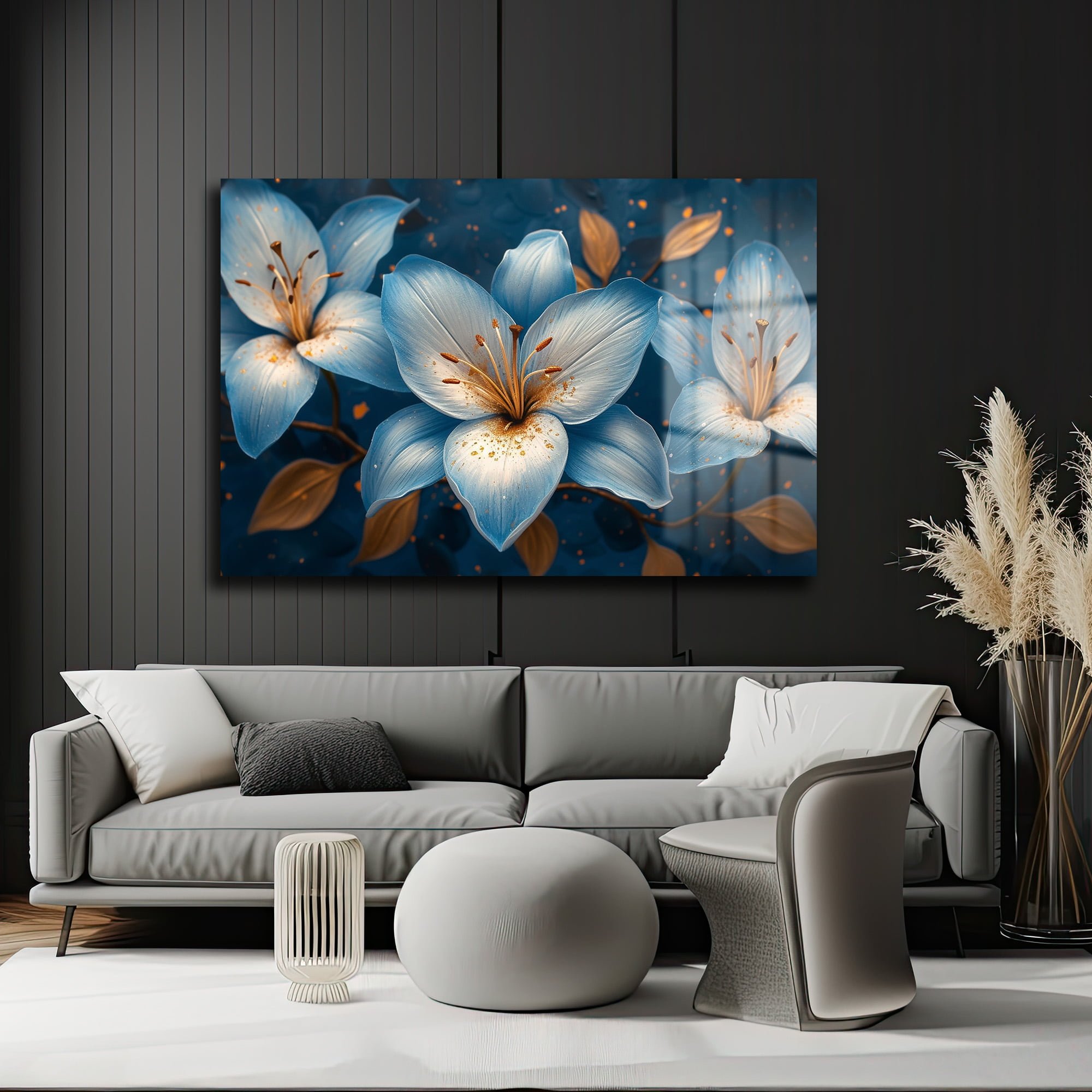 Derin Mavi Çiçekler: Parlak Yüzey Modern Cam Tablo Duvar Dekoru cam tablo, duvar sanatı, modern dekorasyon, soyut sanat, cam sanat eserleri, iç mekan dekorasyonu, ofis dekorasyonu, ev dekorasyonu, restoran dekorasyonu, cafe dekorasyonu, cam baskı, UV baskı, estetik duvar sanatı