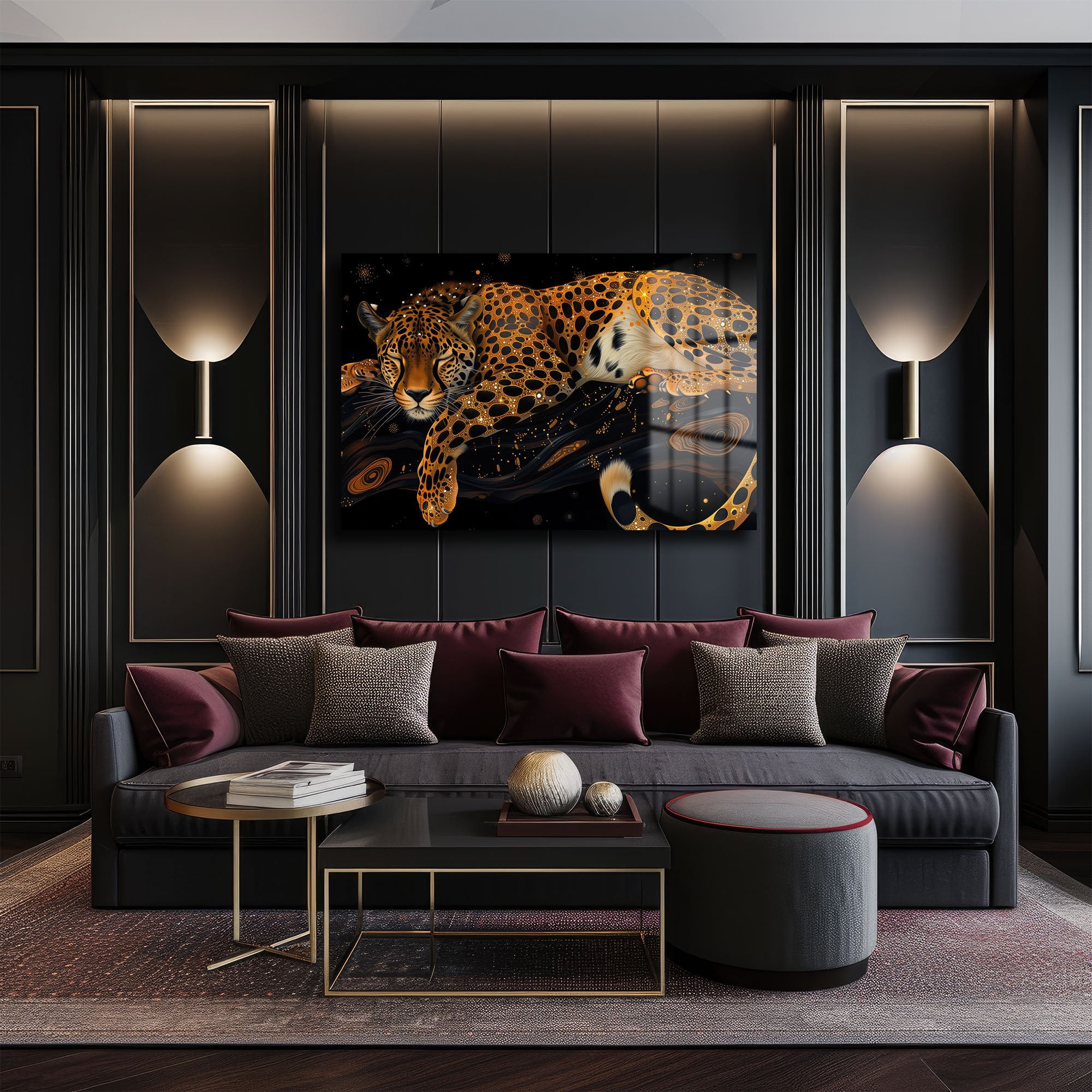 Parıldayan Rüyalar: Kozmik Leopar Temalı Temperli Cam Tablo Duvar Dekoru cam tablo, duvar sanatı, modern dekorasyon, soyut sanat, cam sanat eserleri, iç mekan dekorasyonu, ofis dekorasyonu, ev dekorasyonu, restoran dekorasyonu, cafe dekorasyonu, cam baskı, UV baskı, estetik duvar sanatı