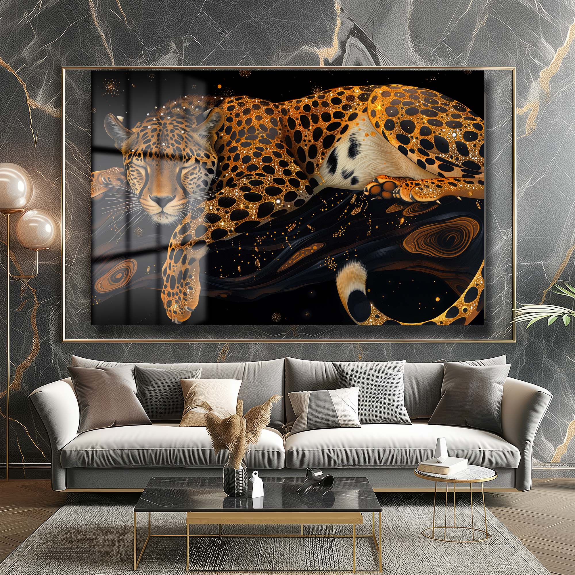 Parıldayan Rüyalar: Kozmik Leopar Temalı Temperli Cam Tablo Duvar Dekoru cam tablo, duvar sanatı, modern dekorasyon, soyut sanat, cam sanat eserleri, iç mekan dekorasyonu, ofis dekorasyonu, ev dekorasyonu, restoran dekorasyonu, cafe dekorasyonu, cam baskı, UV baskı, estetik duvar sanatı