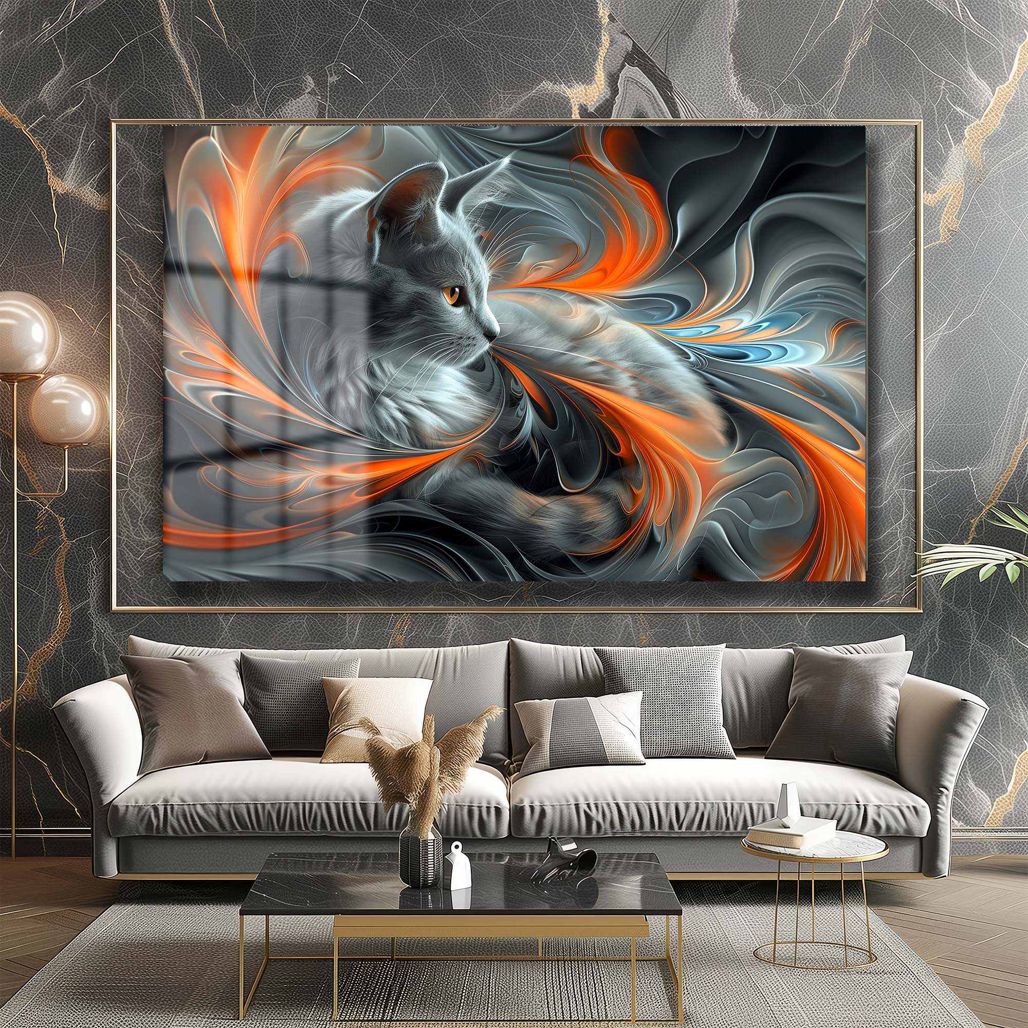 Ateşin Dansı: Gizemli Kedi Temalı Modern Temperli Cam Tablo Duvar Dekoru cam tablo, duvar sanatı, modern dekorasyon, soyut sanat, cam sanat eserleri, iç mekan dekorasyonu, ofis dekorasyonu, ev dekorasyonu, restoran dekorasyonu, cafe dekorasyonu, cam baskı, UV baskı, estetik duvar sanatı