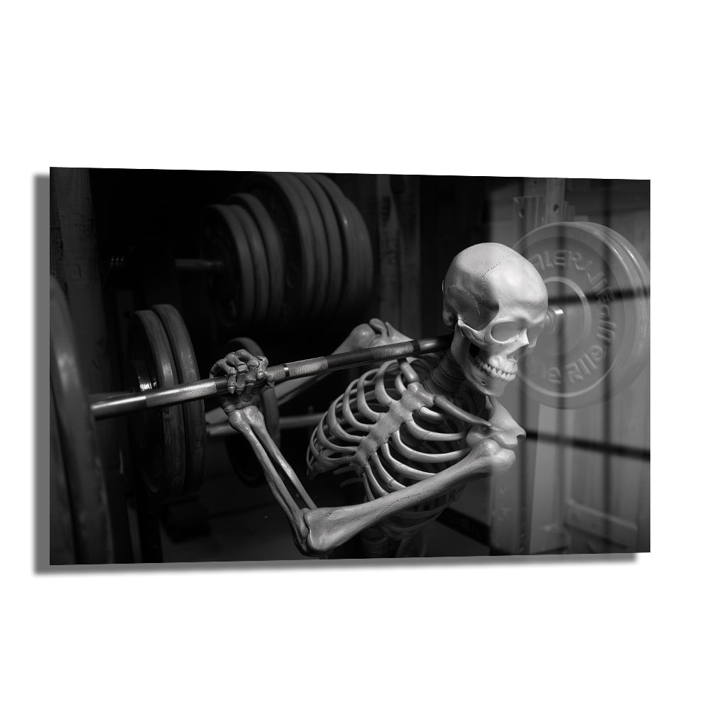 Sonsuz Güç: İskelet Fitness Temalı Modern Cam Tablo Duvar Dekoru cam tablo, duvar sanatı, modern dekorasyon, soyut sanat, cam sanat eserleri, iç mekan dekorasyonu, ofis dekorasyonu, ev dekorasyonu, restoran dekorasyonu, cafe dekorasyonu, cam baskı, UV baskı, estetik duvar sanatı