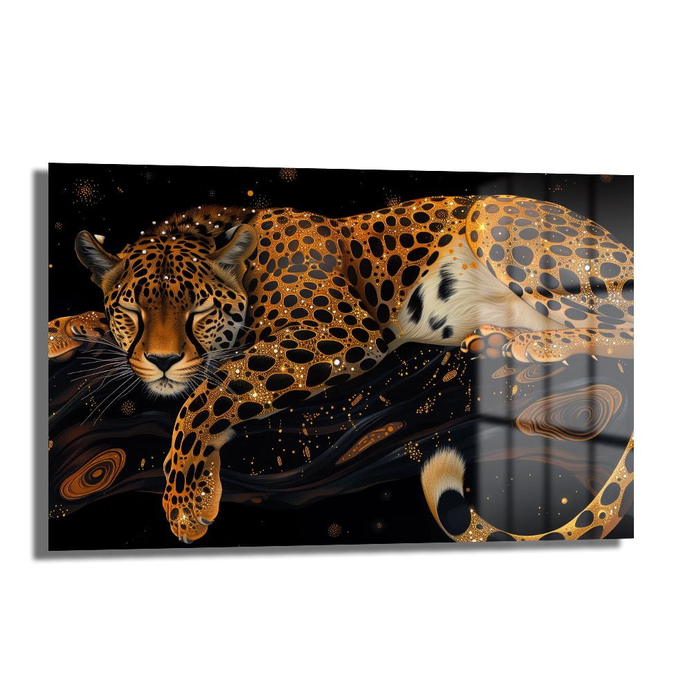 Parıldayan Rüyalar: Kozmik Leopar Temalı Temperli Cam Tablo Duvar Dekoru cam tablo, duvar sanatı, modern dekorasyon, soyut sanat, cam sanat eserleri, iç mekan dekorasyonu, ofis dekorasyonu, ev dekorasyonu, restoran dekorasyonu, cafe dekorasyonu, cam baskı, UV baskı, estetik duvar sanatı