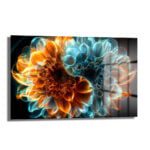 Ateş ve Su Dansı: Dinamik Soyut Cam Tablo, canlı turuncu ve elektrik mavisi tonlarında, modern ve soyut bir tasarıma sahip, temperli camdan yapılmış bir duvar sanatı.