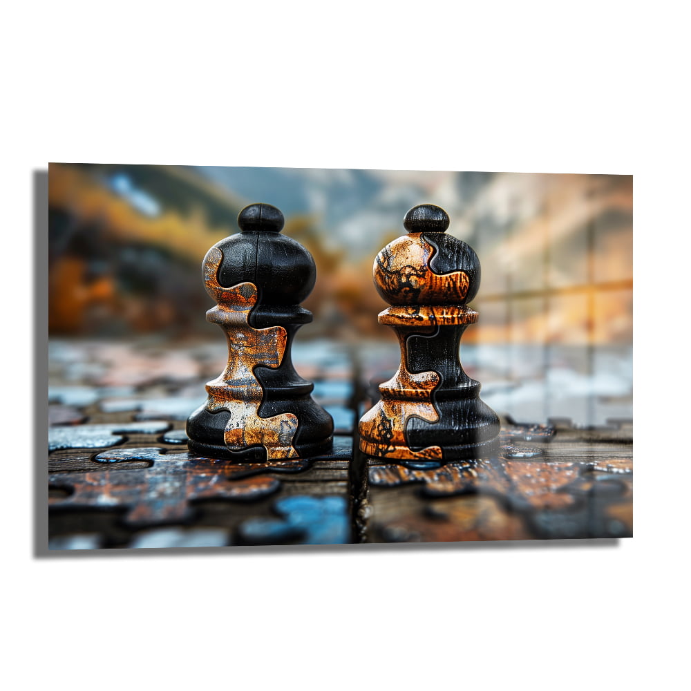 Stratejik Düşünce: Satranç Taşları Puzzle Efektli Modern Cam Tablo Duvar Dekoru Stratejik Düşünce: Satranç Taşları Puzzle Efektli Modern Cam Tablo, siyah ve paslı turuncu tonlarında soyut satranç taşları ve puzzle efektiyle modern bir duvar dekorasyonu sunar.