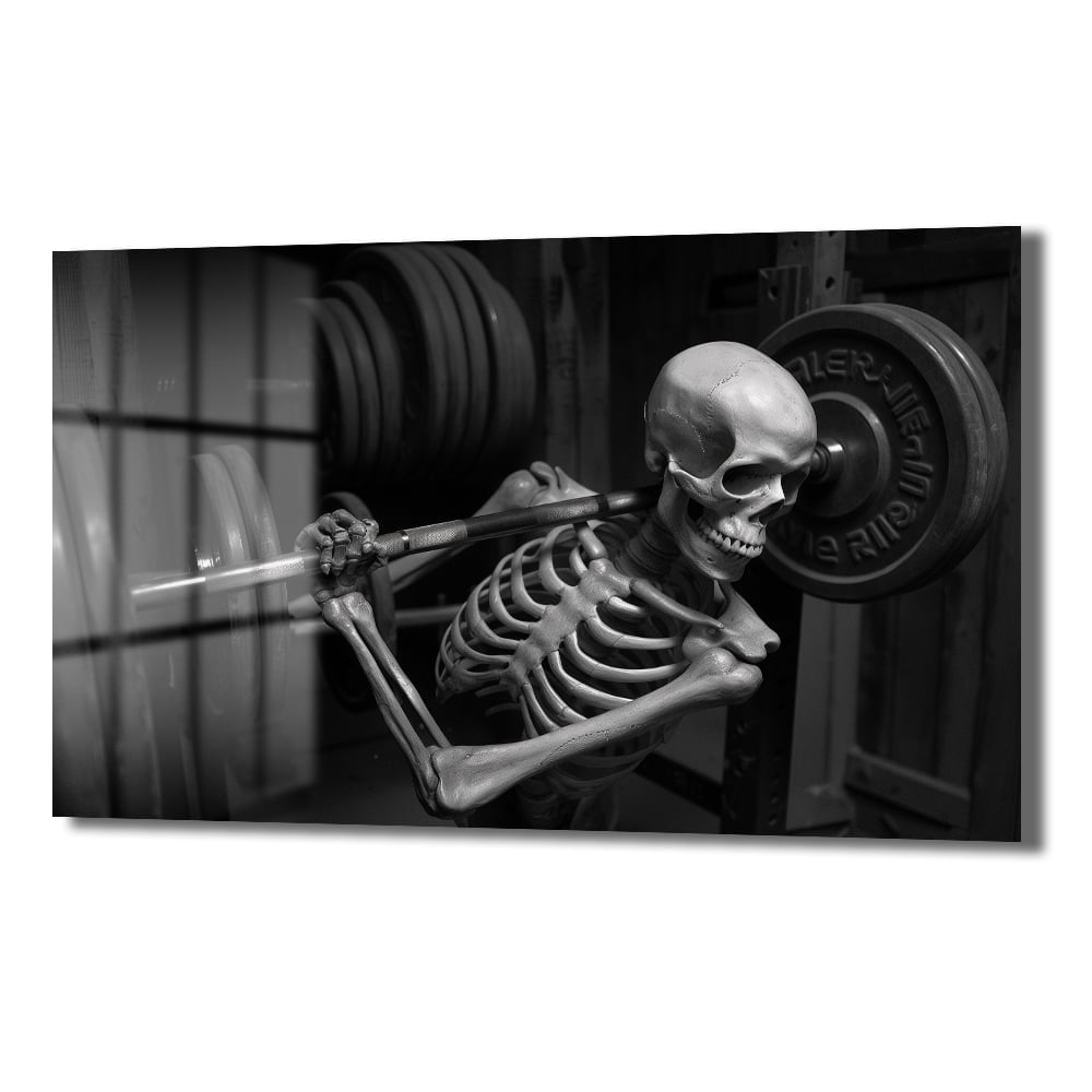 Sonsuz Güç: İskelet Fitness Temalı Modern Cam Tablo Duvar Dekoru cam tablo, duvar sanatı, modern dekorasyon, soyut sanat, cam sanat eserleri, iç mekan dekorasyonu, ofis dekorasyonu, ev dekorasyonu, restoran dekorasyonu, cafe dekorasyonu, cam baskı, UV baskı, estetik duvar sanatı