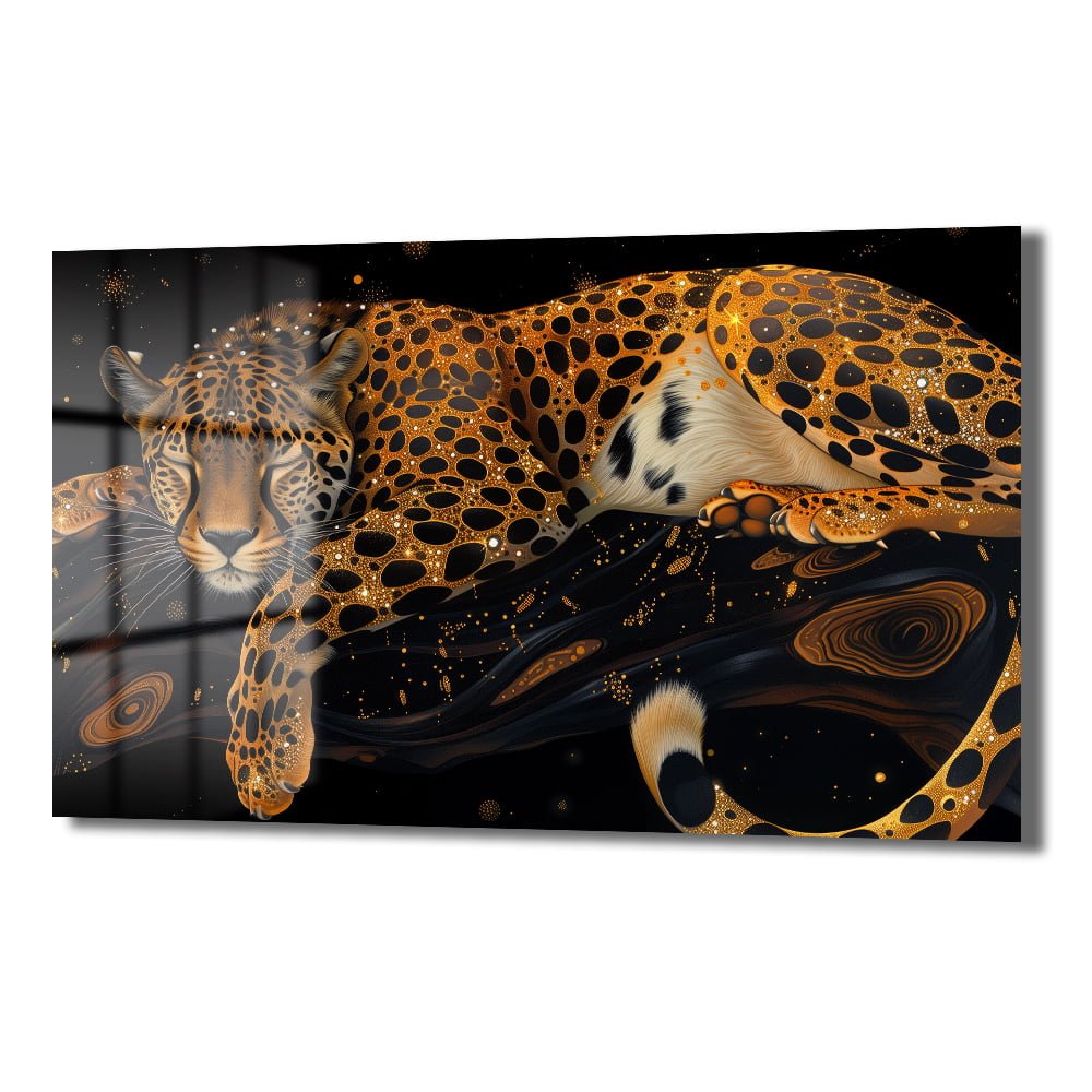 Parıldayan Rüyalar: Kozmik Leopar Temalı Temperli Cam Tablo Duvar Dekoru cam tablo, duvar sanatı, modern dekorasyon, soyut sanat, cam sanat eserleri, iç mekan dekorasyonu, ofis dekorasyonu, ev dekorasyonu, restoran dekorasyonu, cafe dekorasyonu, cam baskı, UV baskı, estetik duvar sanatı