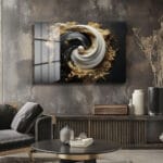 Sonsuz Denge: Siyah Beyaz Altın Soyut Cam Tablo - Modern Duvar Dekorasyonu Duvar Dekoru Sonsuz Denge: Siyah Beyaz Altın Soyut Cam Tablo - Modern Duvar Dekorasyonu Dekoratif Cam Tablo