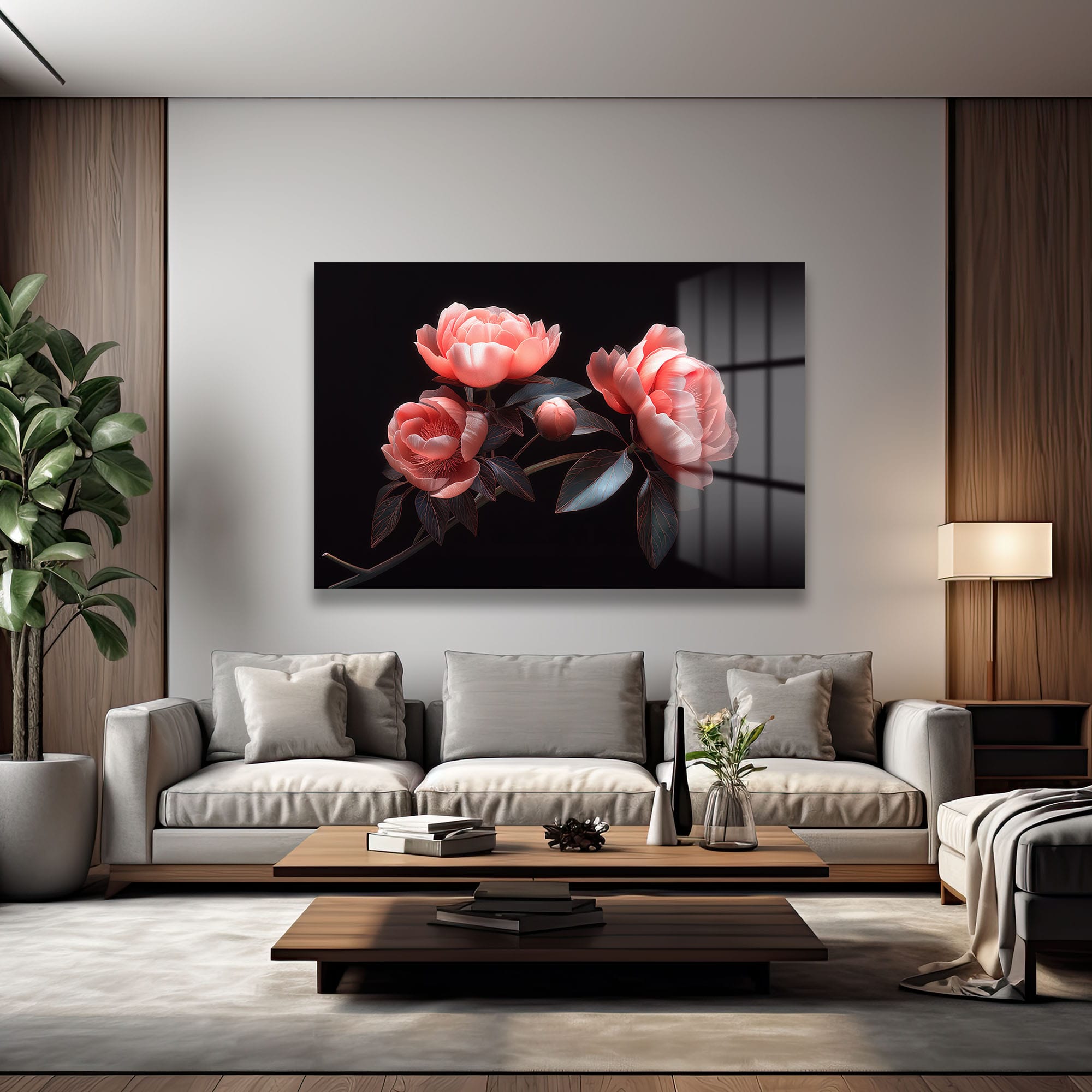 Şeftali Tonlarında Şakayıklar: Modern Floral Cam Tablo - Glazella Şeftali Tonlarında Şakayıklar: Modern Floral Cam Tablo - Glazella