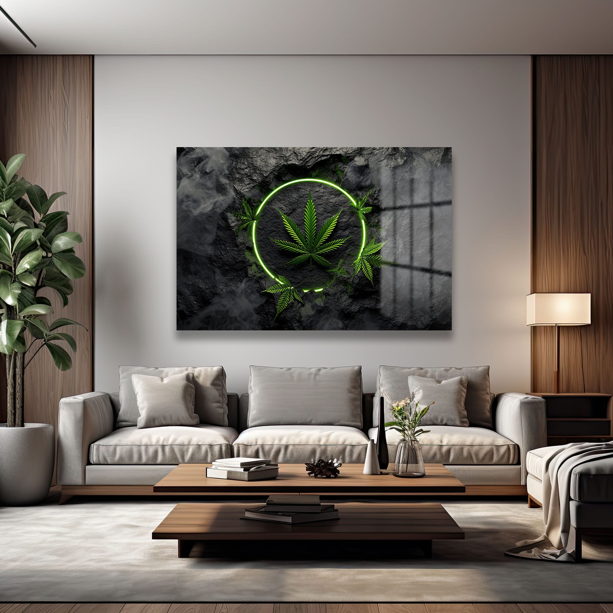 Neon Işıklı Kenevir Yaprağı Modern Cam Tablo - Glazella Neon Işıklı Kenevir Yaprağı Modern Cam Tablo - Glazella