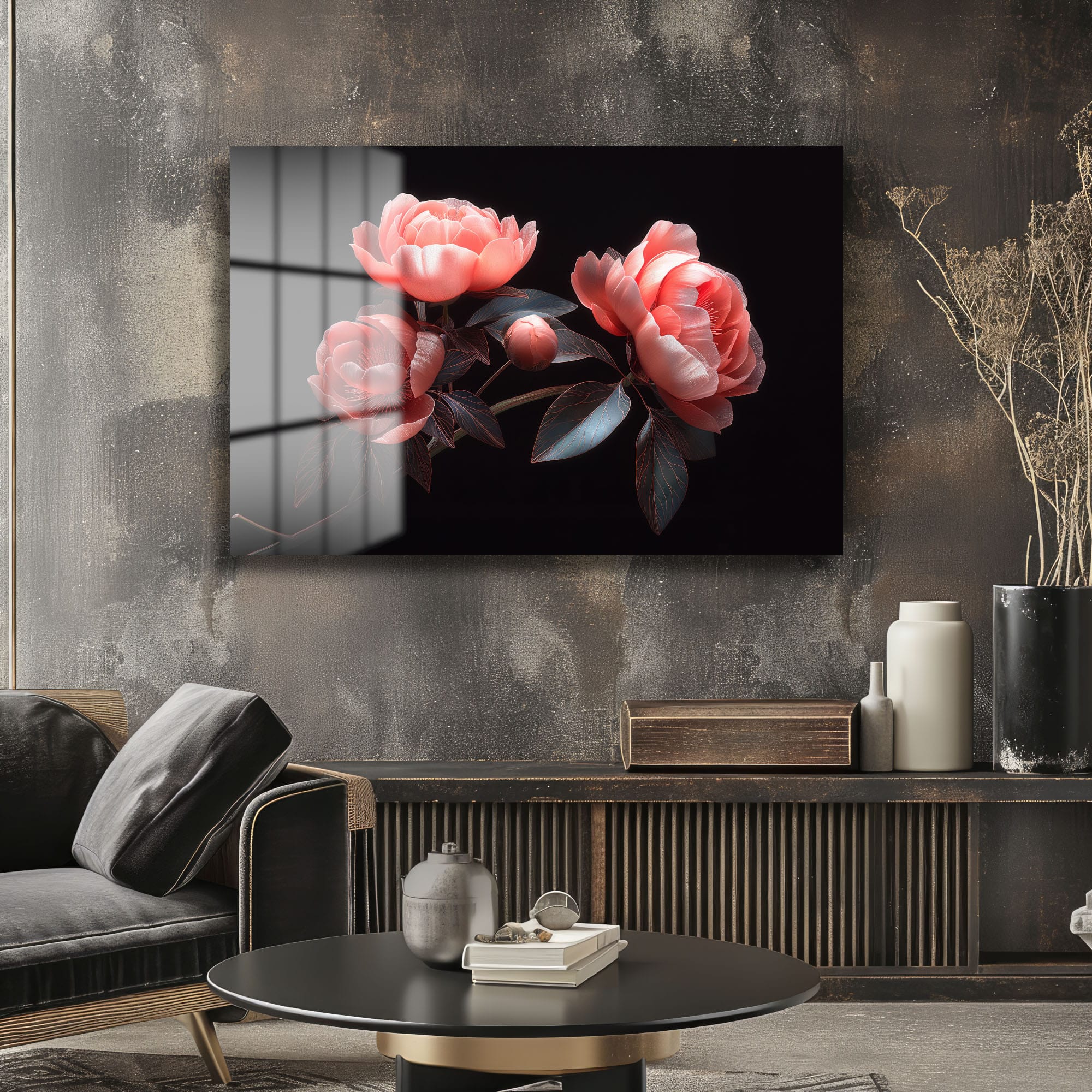 Şeftali Tonlarında Şakayıklar: Modern Floral Cam Tablo - Glazella Şeftali Tonlarında Şakayıklar: Modern Floral Cam Tablo - Glazella