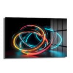Neon Akım: Dinamik Soyut Cam Tablo Duvar Dekoru Neon Akım: Dinamik Soyut Cam Tablo, mavi, turuncu, kırmızı ve sarı tonlarında iç içe geçmiş parıldayan neon halkalarla modern ve fütüristik bir duvar sanatı eseridir.