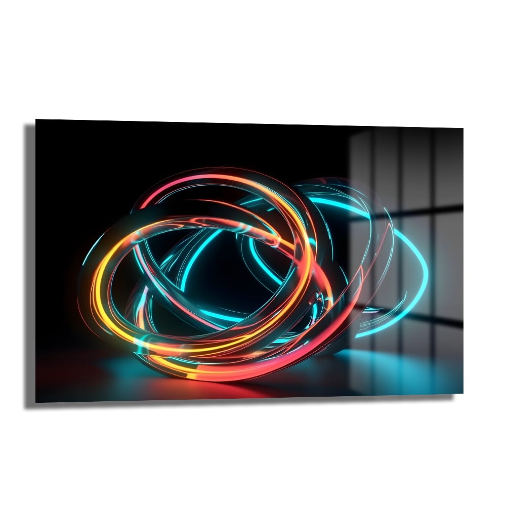 Neon Akım: Dinamik Soyut Cam Tablo Duvar Dekoru Neon Akım: Dinamik Soyut Cam Tablo, mavi, turuncu, kırmızı ve sarı tonlarında iç içe geçmiş parıldayan neon halkalarla modern ve fütüristik bir duvar sanatı eseridir.