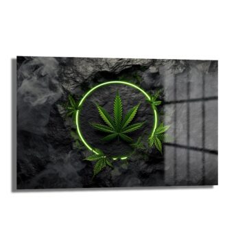 Neon Işıklı Kenevir Yaprağı Modern Cam Tablo - Glazella