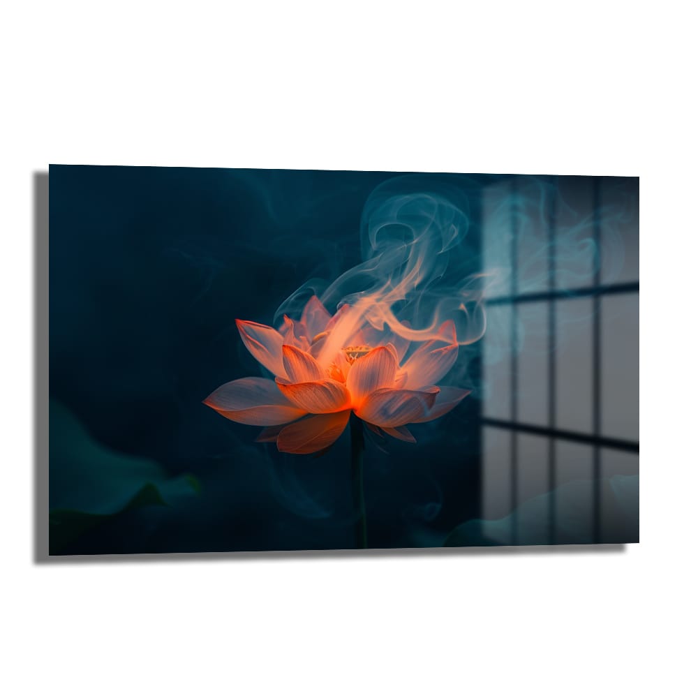 Alev Lotus: Mistisizm ve Zarafetin Buluştuğu Modern Cam Tablo Duvar Dekoru Koyu lacivert ve okyanus yeşili arka planda, alevler yükselen turuncu ve pembe lotus çiçeği temalı Alev Lotus Modern Cam Tablo, 4mm temperli cam üzerine UV baskılı.