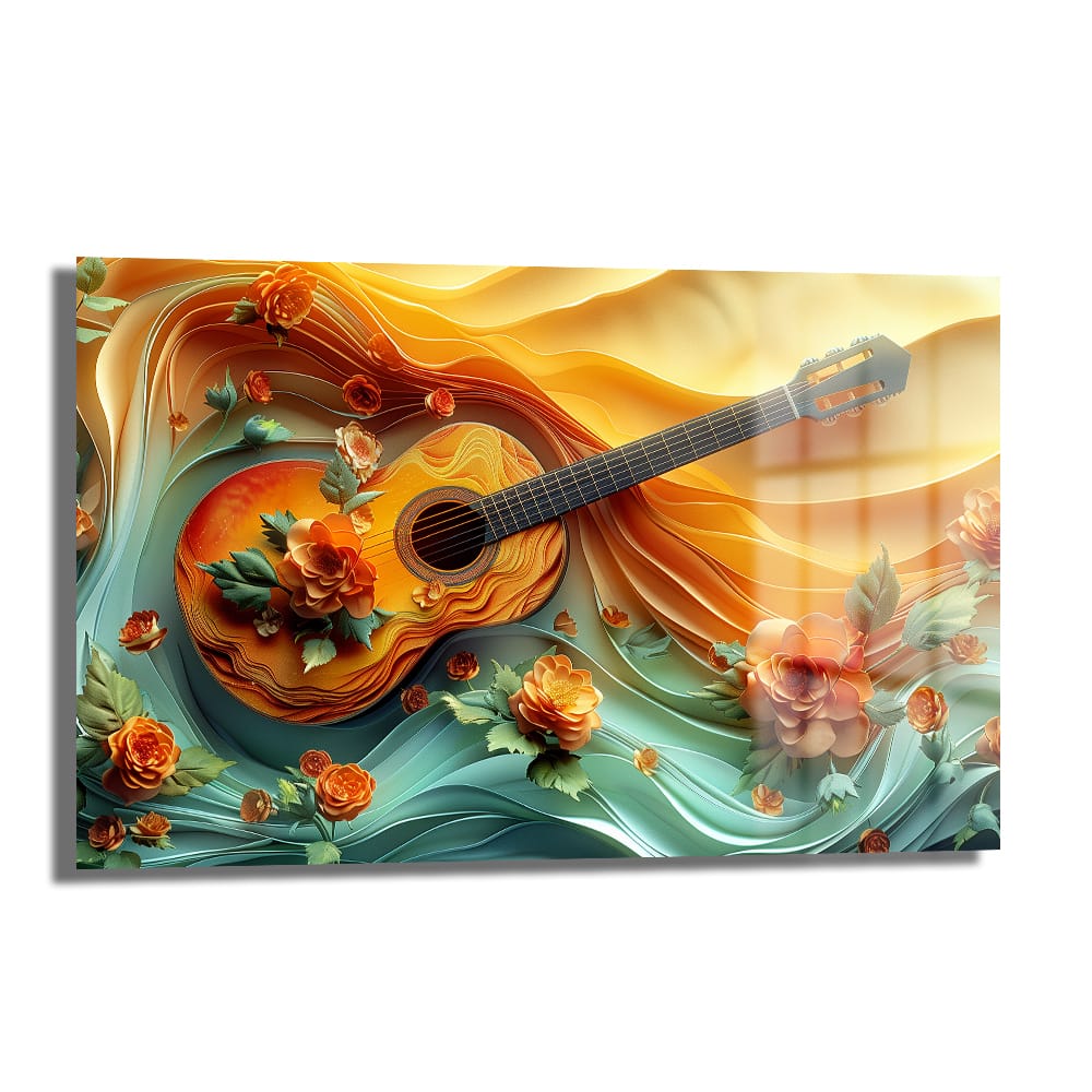 Müzikal Rüyalar: Çiçekli Gitar Sanatı Temperli Cam Tablo Duvar Dekoru Müzikal Rüyalar: Çiçekli Gitar Sanatı Temperli Cam Tablo, sıcak sarı, turuncu, turkuaz ve yeşil tonlarında, çiçeklerle bezenmiş bir gitarı gösteren modern sanatsal duvar dekoru.