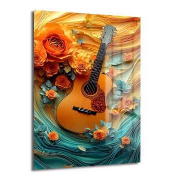 Güller ve Gitarın Senfonisi: Canlı Renkli Dekoratif Cam Tablo - Glazella