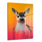 Şehirli Geyik: Neon Damlalarla Modern Pop Art Cam Tablo, neon turuncu ve fuşya renkli damlalarla süslenmiş, modern pop art tarzında bir geyik figürünü canlı bir şekilde betimleyen temperli cam duvar sanatı.