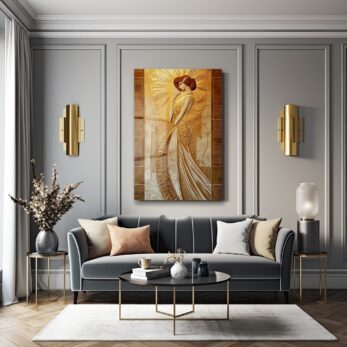 Altın Işıltılı Zarafet: Modern Art Deco Kadın Cam Tablo - Glazella