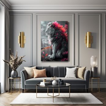 İhtişamlı Pembe Yeleli Aslan Cam Tablo: Gücün ve Zarafetin Modern Sanat Yorumu - Glazella
