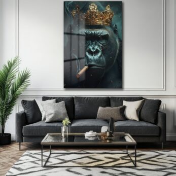 Kral Gorilla: Taçlı ve Karizmatik Modern Cam Tablo - Glazella