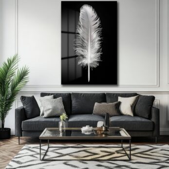 Beyaz Tüyün Zarafeti: Minimalist Siyah Beyaz Temperli Cam Tablo - Glazella