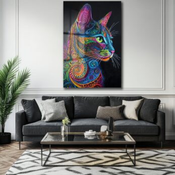 Canlı Renklerin Dansı: Psychedelic Kedi Desenli Temperli Cam Tablo - Glazella Canlı Renklerin Dansı: Psychedelic Kedi Desenli Temperli Cam Tablo - Glazella