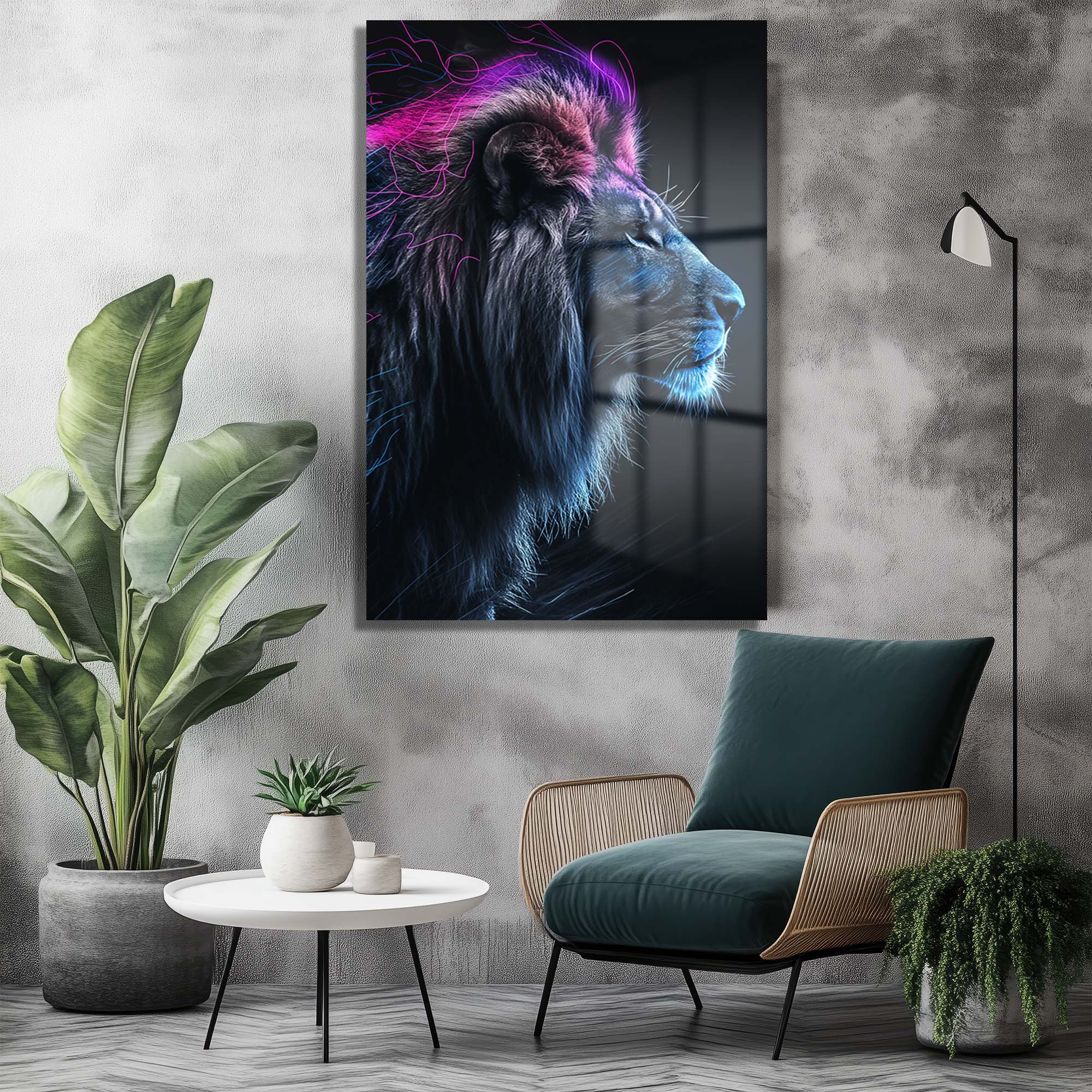 Aslanın Ruhu: Neon Işıltılı Modern Cam Tablo - Glazella Aslanın Ruhu: Neon Işıltılı Modern Cam Tablo - Glazella