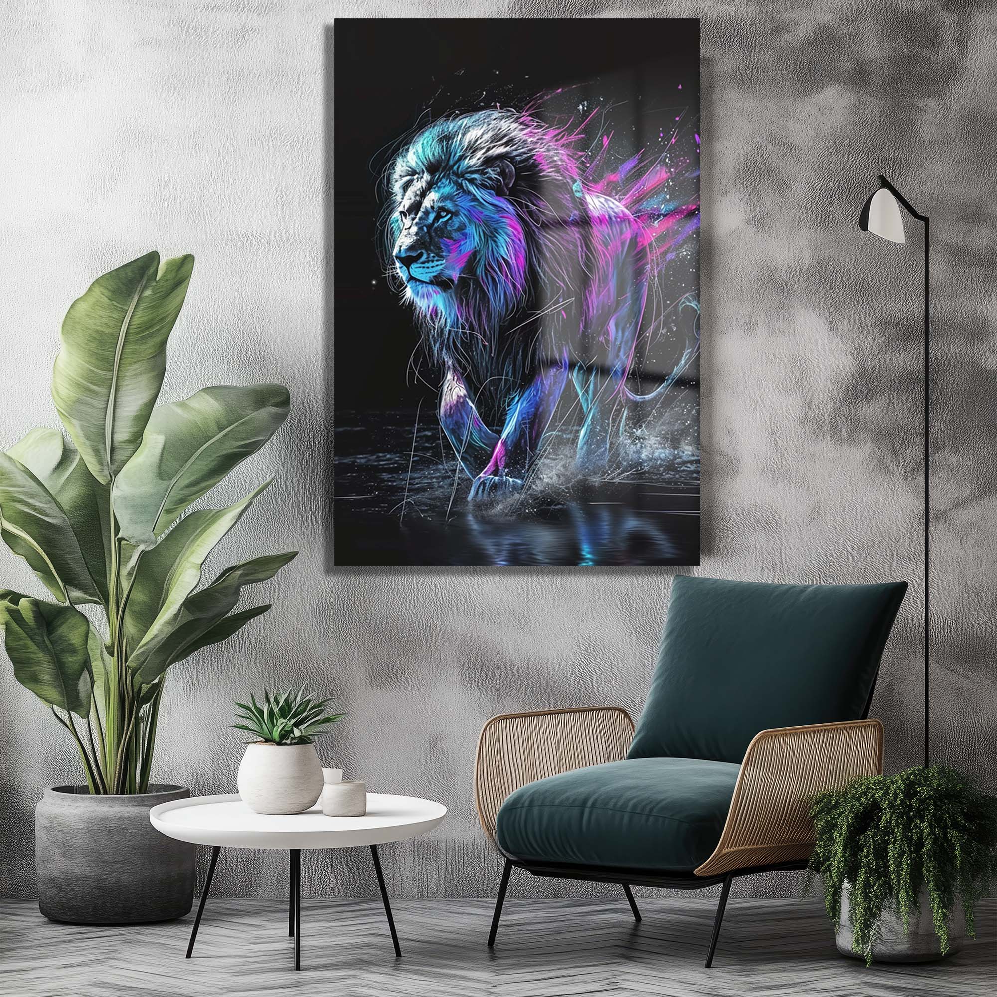Neon Enerjili Aslan: Modern Sanat Temperli Cam Tablo - Glazella Neon Enerjili Aslan: Modern Sanat Temperli Cam Tablo - Glazella