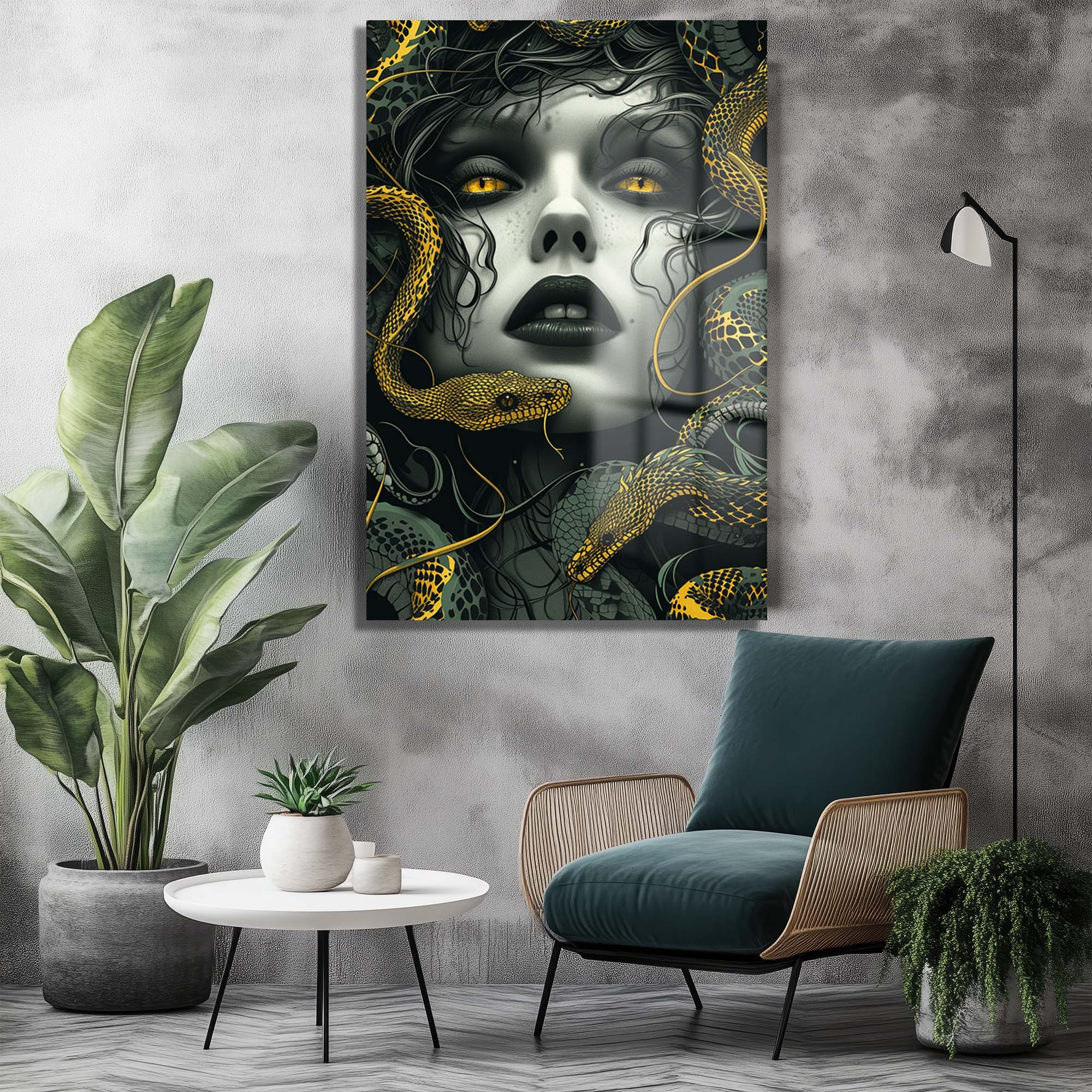 Medusa'nın Büyüleyici Bakışı: Modern Mitolojik Cam Tablo | Duvar Dekorasyonu - Glazella Medusa'nın Büyüleyici Bakışı: Modern Mitolojik Cam Tablo | Duvar Dekorasyonu - Glazella