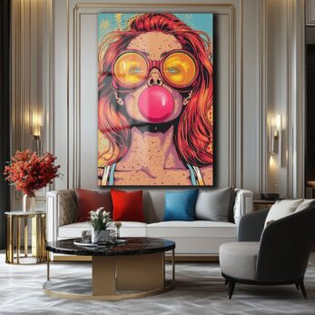 Pop Art Sakız Balonlu Kız: Canlı ve Asi Ruh Cam Tablo - Glazella