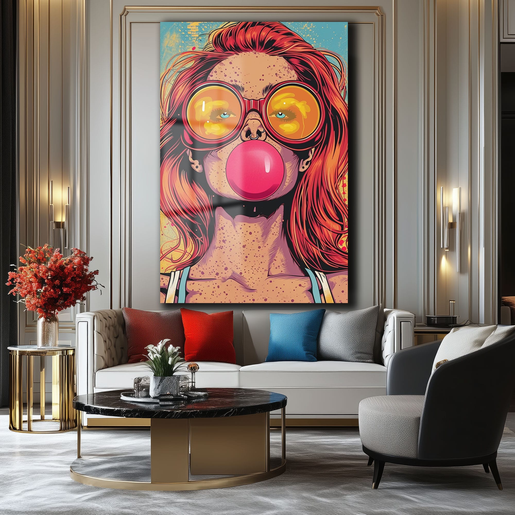 Pop Art Sakız Balonlu Kız: Canlı ve Asi Ruh Cam Tablo - Glazella Pop Art Sakız Balonlu Kız: Canlı ve Asi Ruh Cam Tablo - Glazella