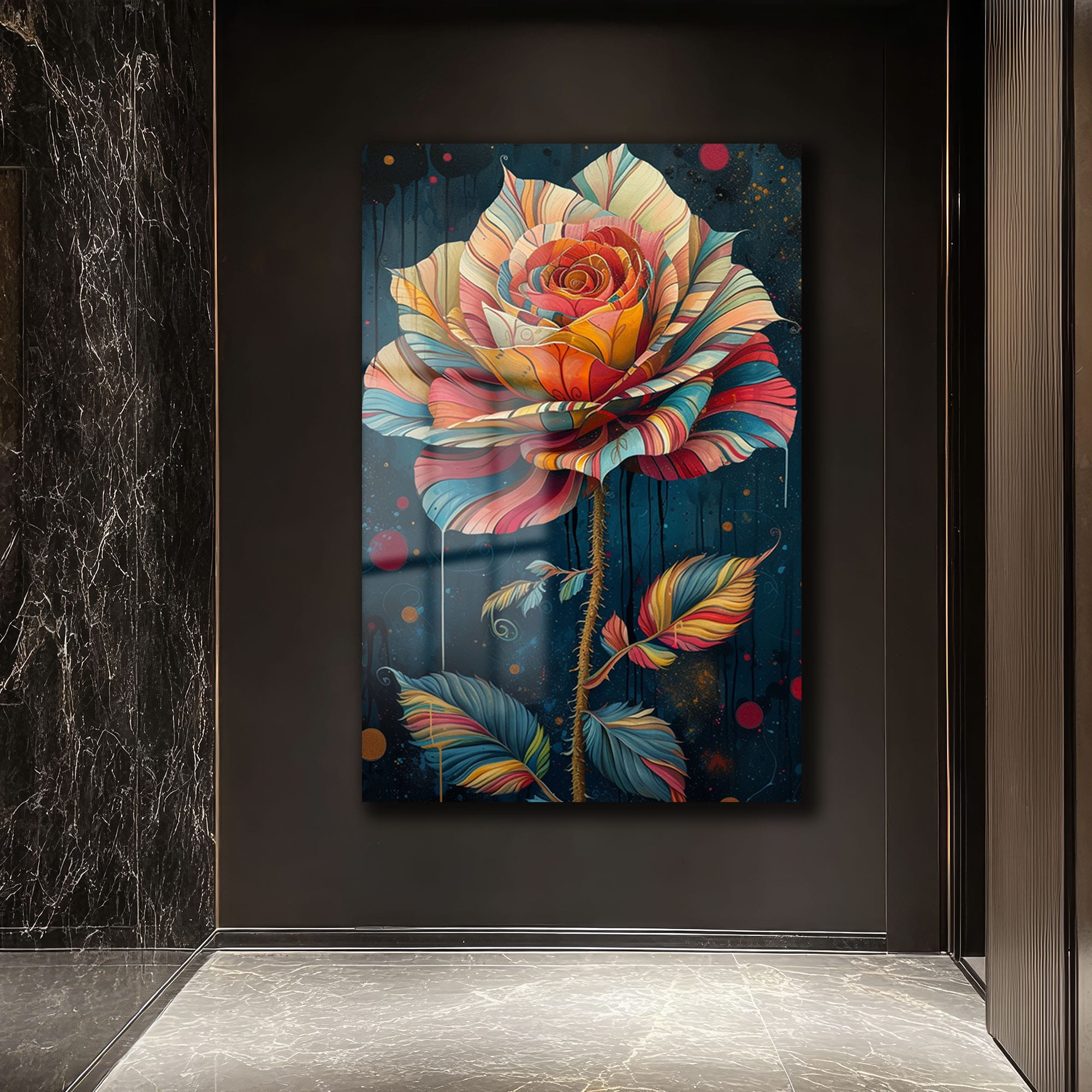Rengarenk Rüya Gülü: Modern Sanat Temperli Cam Tablo - Glazella Rengarenk Rüya Gülü: Modern Sanat Temperli Cam Tablo - Glazella