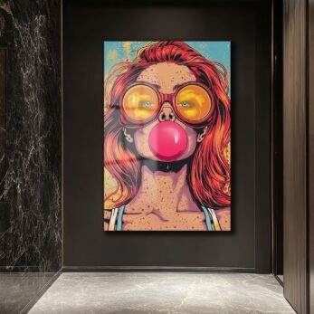 Pop Art Sakız Balonlu Kız: Canlı ve Asi Ruh Cam Tablo - Glazella Pop Art Sakız Balonlu Kız: Canlı ve Asi Ruh Cam Tablo - Glazella