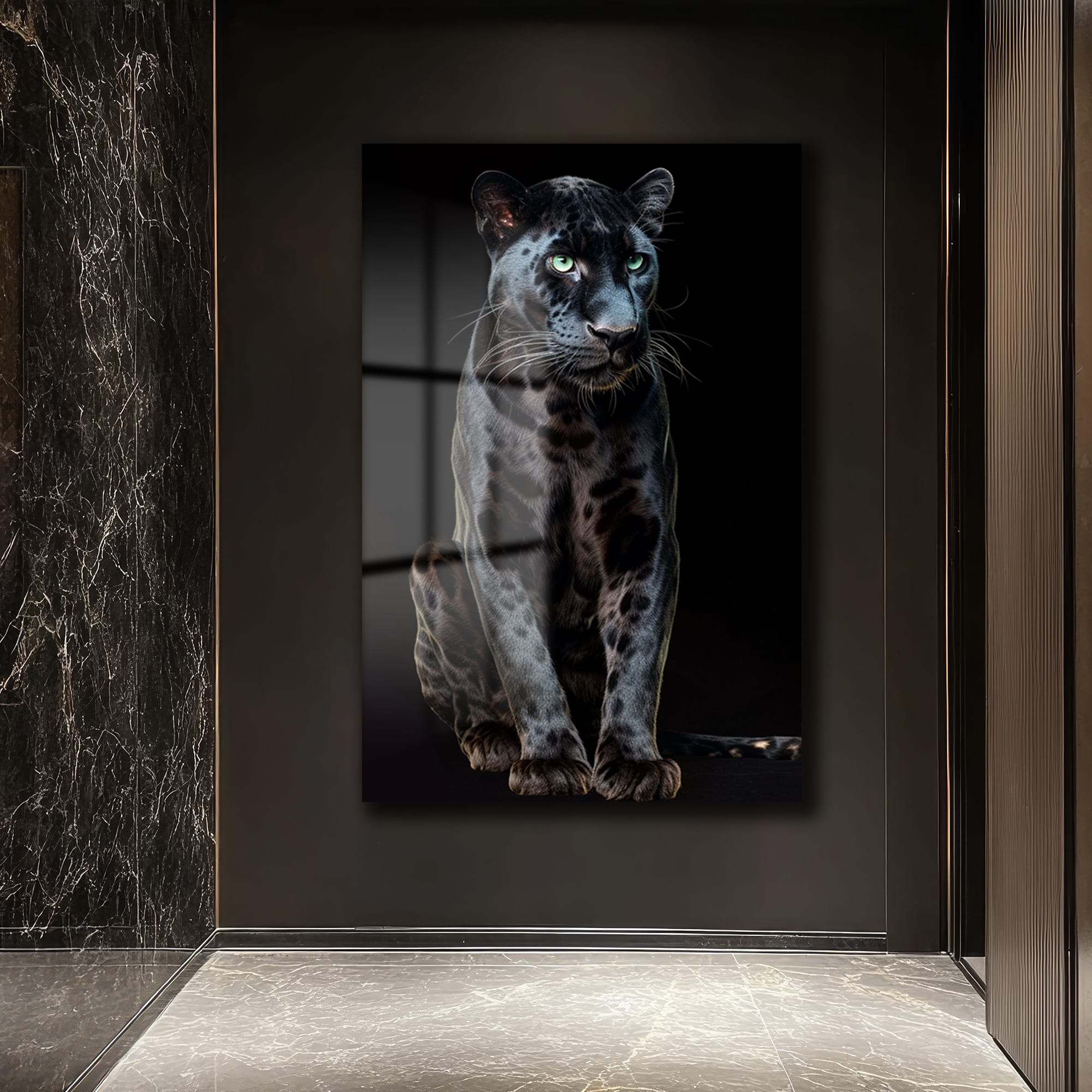 Yeşil Gözlü Siyah Panter: Gücün ve Zarafetin Modern Cam Tablosu Duvar Dekoru Yeşil Gözlü Siyah Panter: Gücün ve Zarafetin Modern Cam Tablosu - Görsel 2
