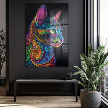Renkli Rüyaların Bekçisi: Canlı Desenli Kedi Cam Tablo - Glazella