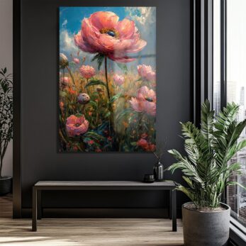 Pembe Şakayıkların Büyüsü: Canlı ve Modern Çiçek Tarlası Cam Tablo - Glazella