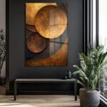 Altın ve Bronzun Dansı: Modern Geometrik Soyut Cam Tablo Duvar Dekoru Altın ve Bronzun Dansı: Modern Geometrik Soyut Cam Tablo Dekoratif Cam Tablo