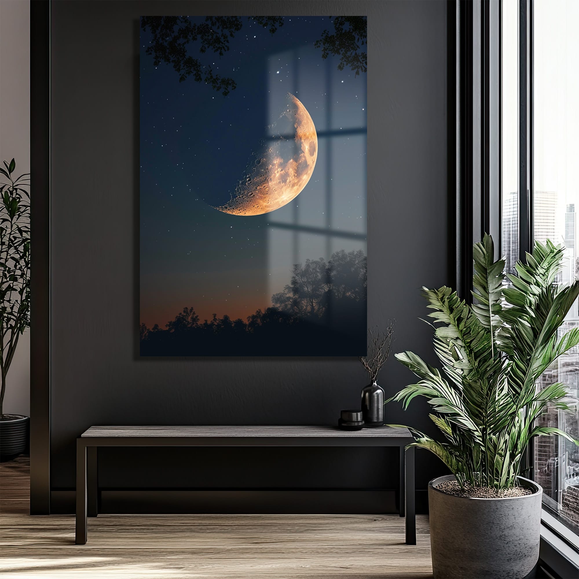 Ay Işığı Büyüsü: Modern Gece Manzaralı Temperli Cam Tablo Duvar Dekoru Ay Işığı Büyüsü: Modern Gece Manzaralı Temperli Cam Tablo - Görsel 2