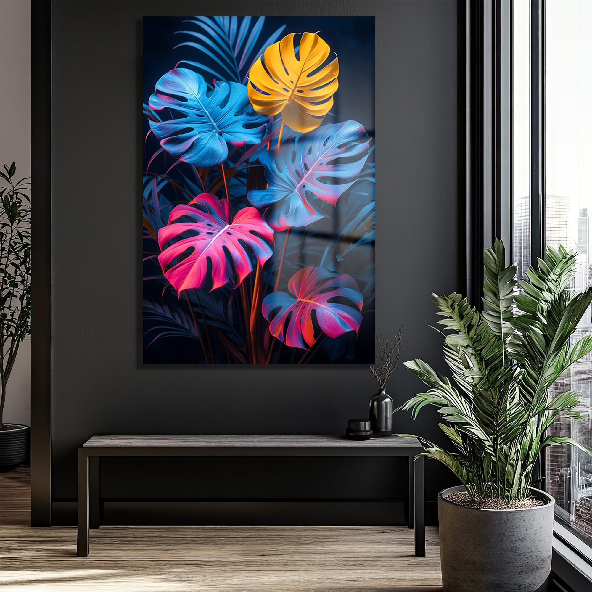 Neon Tropik: Canlı Monstera Yaprakları Modern Cam Tablo Duvar Dekoru Neon Tropik: Canlı Monstera Yaprakları Modern Cam Tablo - Görsel 3