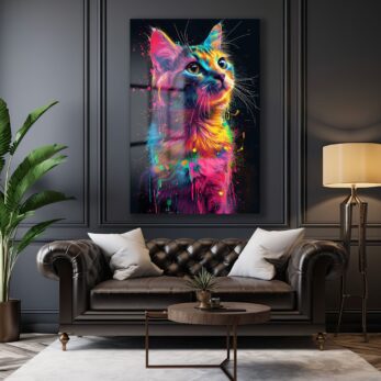 Neon Rüyası: Renkli Sıçramalarla Modern Kedi Cam Tablo - Glazella