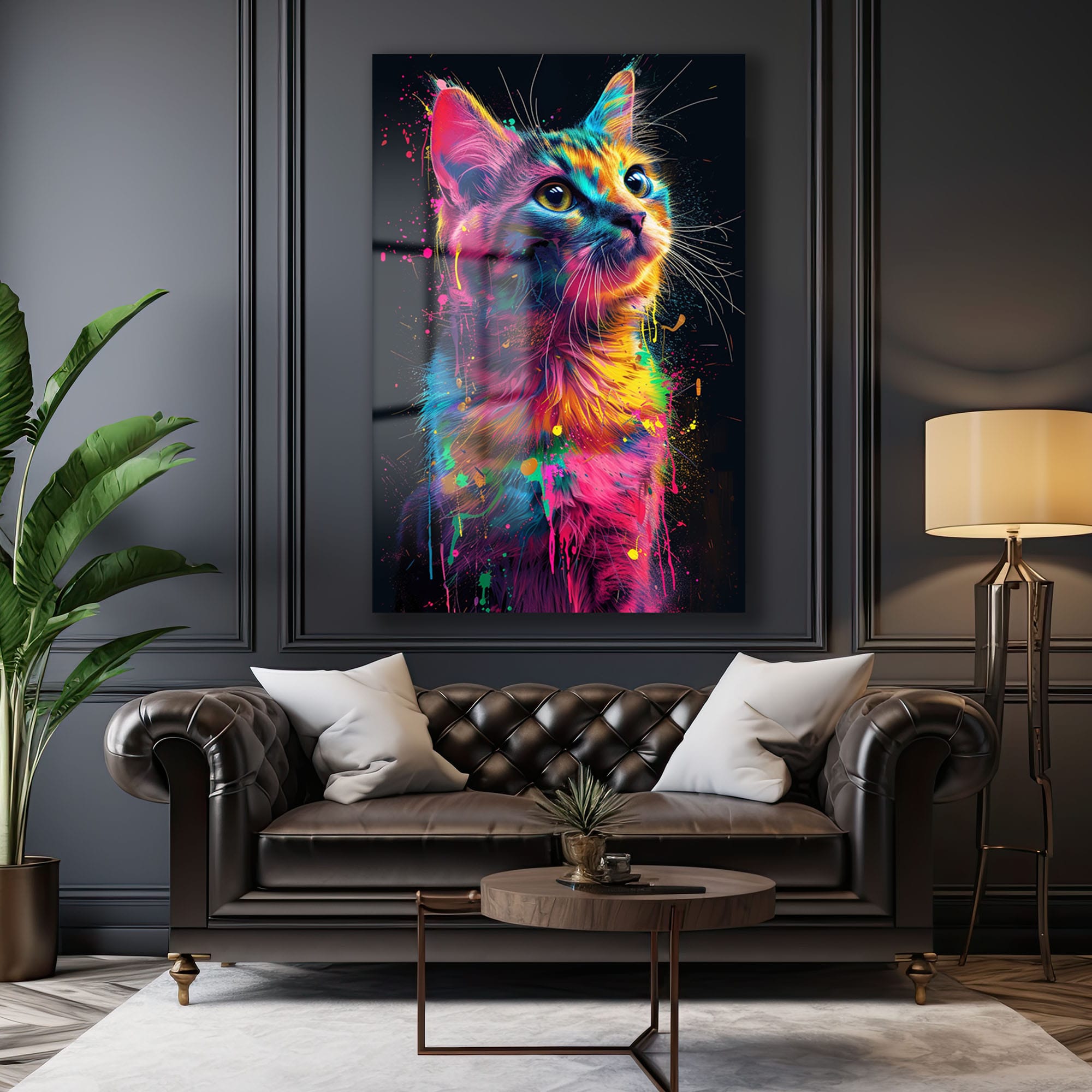 Neon Rüyası: Renkli Sıçramalarla Modern Kedi Cam Tablo Duvar Dekoru Neon Rüyası: Renkli Sıçramalarla Modern Kedi Cam Tablo - Görsel 2
