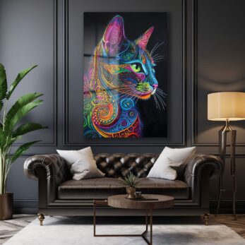 Canlı Renklerin Dansı: Psychedelic Kedi Desenli Temperli Cam Tablo - Glazella