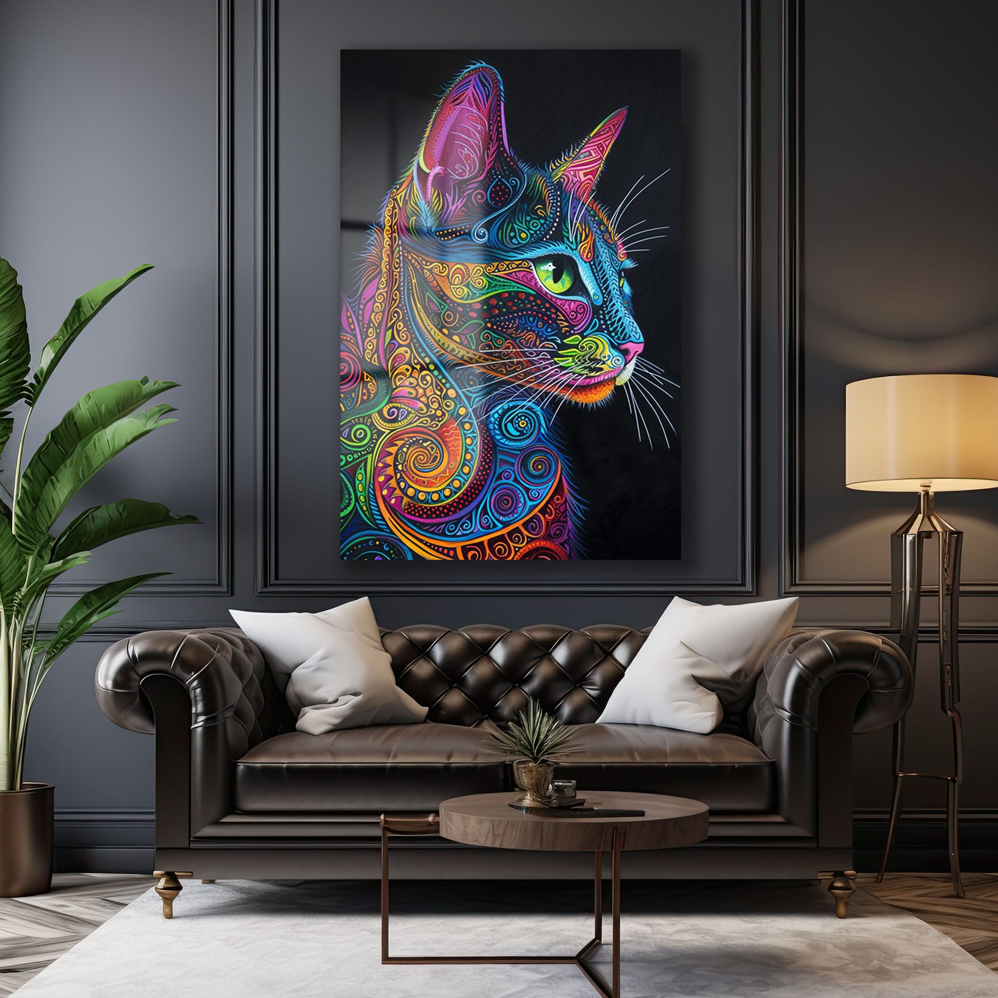 Canlı Renklerin Dansı: Psychedelic Kedi Desenli Temperli Cam Tablo - Glazella Canlı Renklerin Dansı: Psychedelic Kedi Desenli Temperli Cam Tablo - Glazella