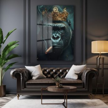 Kral Gorilla: Taçlı ve Karizmatik Modern Cam Tablo - Glazella