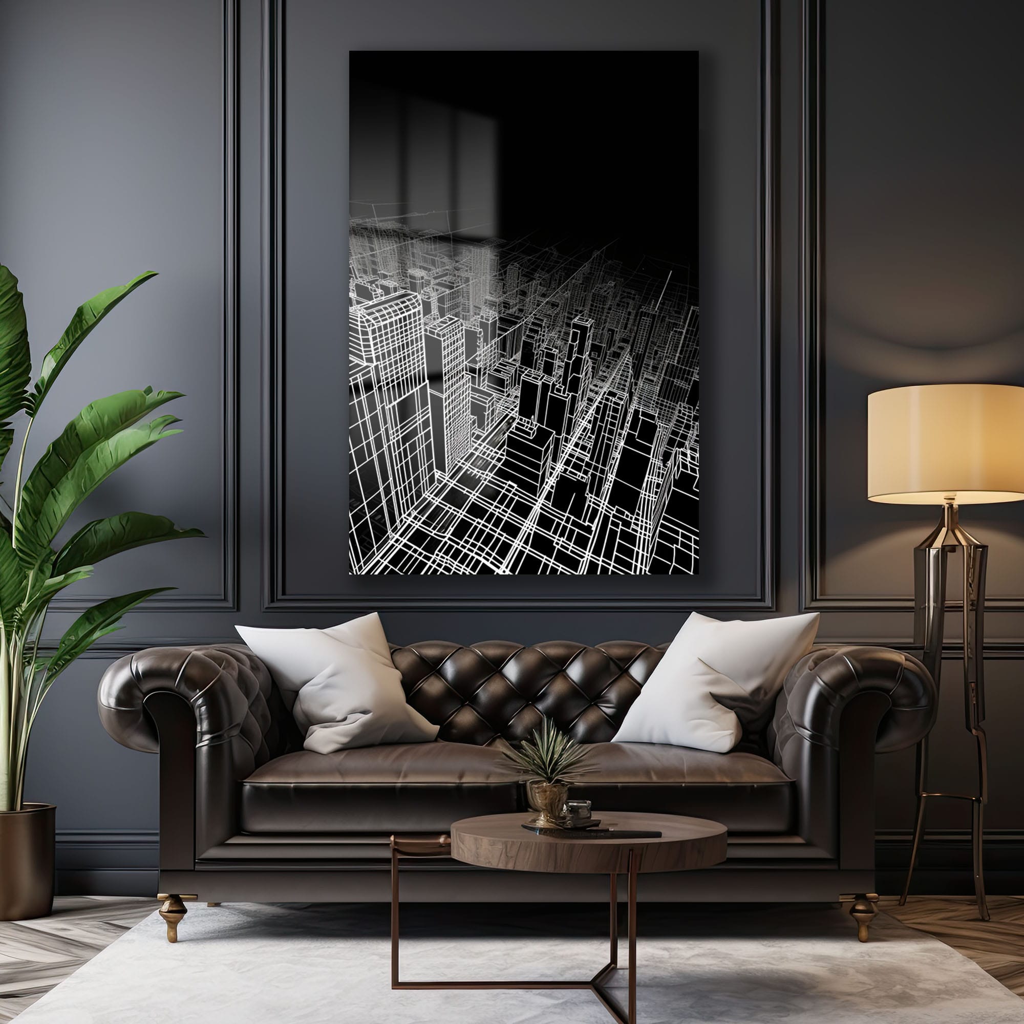 Fütüristik Şehir Manzarası: Modern Siyah Beyaz Wireframe Cam Tablo Duvar Dekoru Fütüristik Şehir Manzarası: Modern Siyah Beyaz Wireframe Cam Tablo - Görsel 3