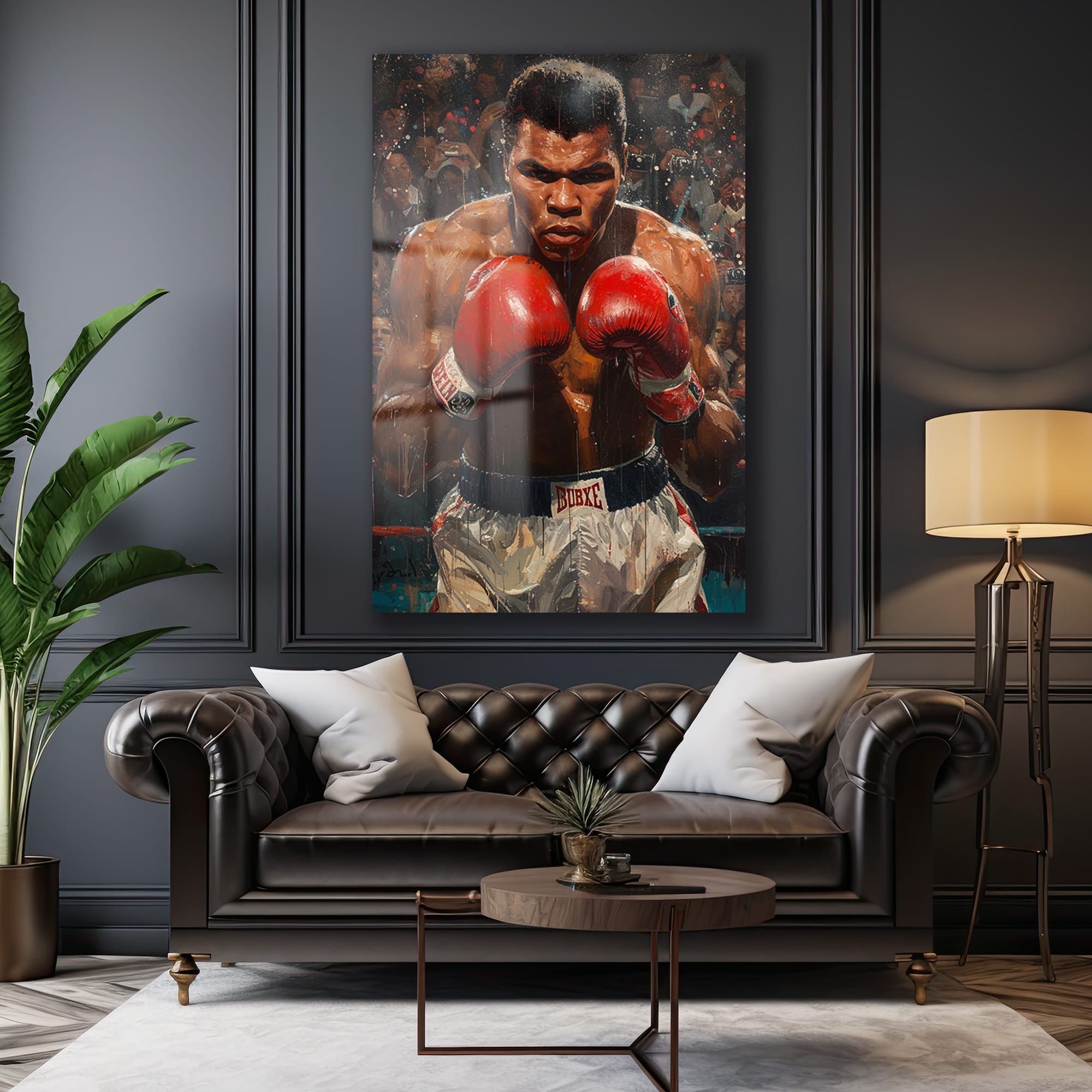 Efsanevi Ruh: Muhammed Ali Boksör Portre Dekoratif Cam Tablo - Glazella Efsanevi Ruh: Muhammed Ali Boksör Portre Dekoratif Cam Tablo - Glazella