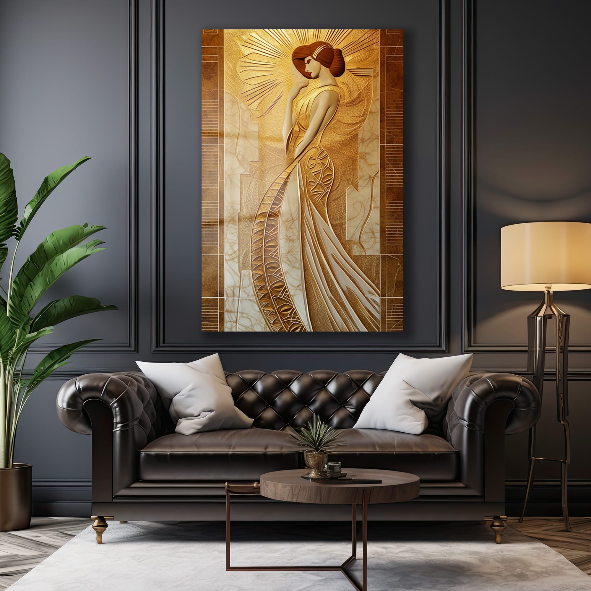 Altın Işıltılı Zarafet: Modern Art Deco Kadın Cam Tablo - Glazella Altın Işıltılı Zarafet: Modern Art Deco Kadın Cam Tablo - Glazella