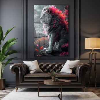 İhtişamlı Pembe Yeleli Aslan Cam Tablo: Gücün ve Zarafetin Modern Sanat Yorumu - Glazella