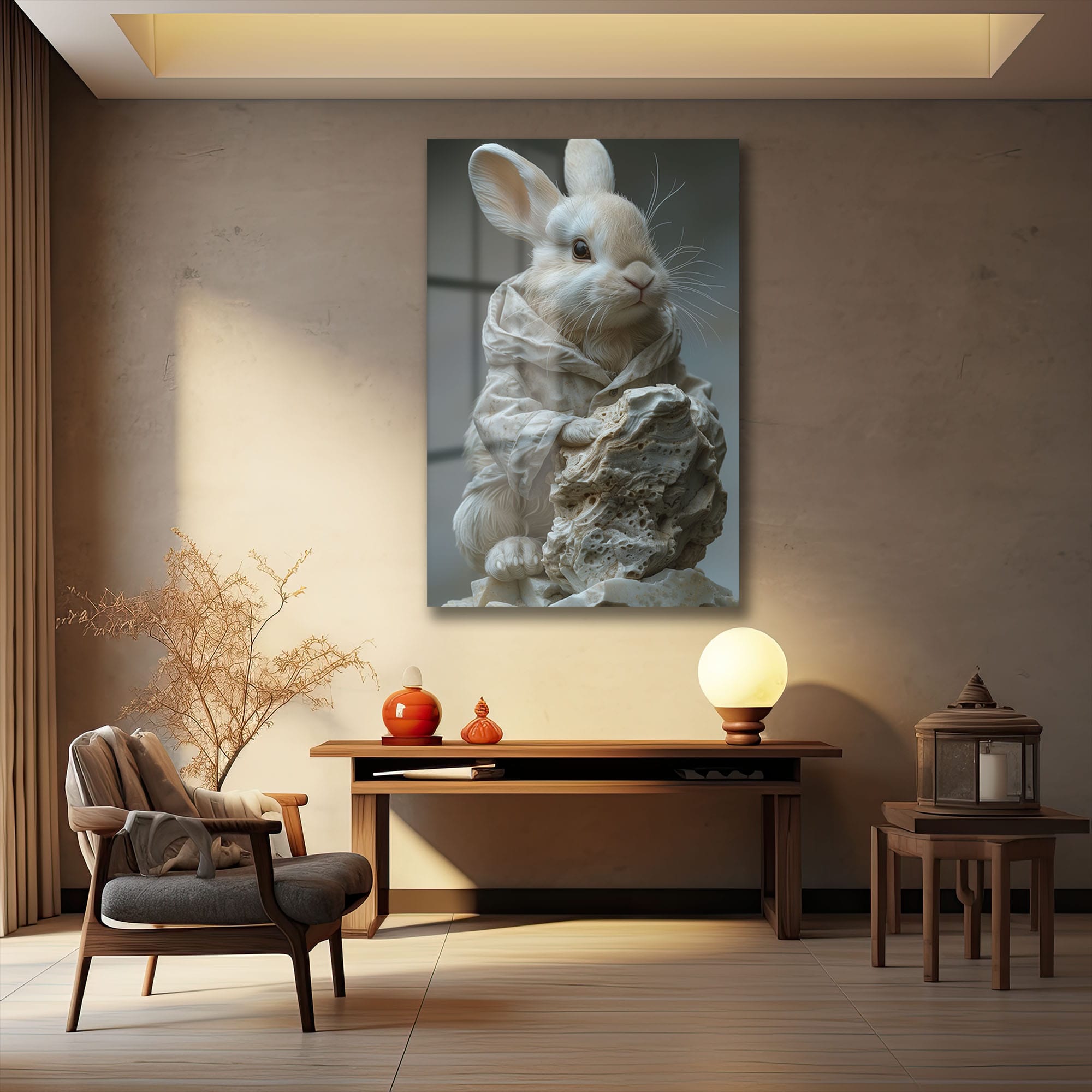 Gizemli Tavşan Heykeli: Modern Sanat Temperli Cam Tablo Duvar Dekoru Gizemli Tavşan Heykeli: Modern Sanat Temperli Cam Tablo - Görsel 2
