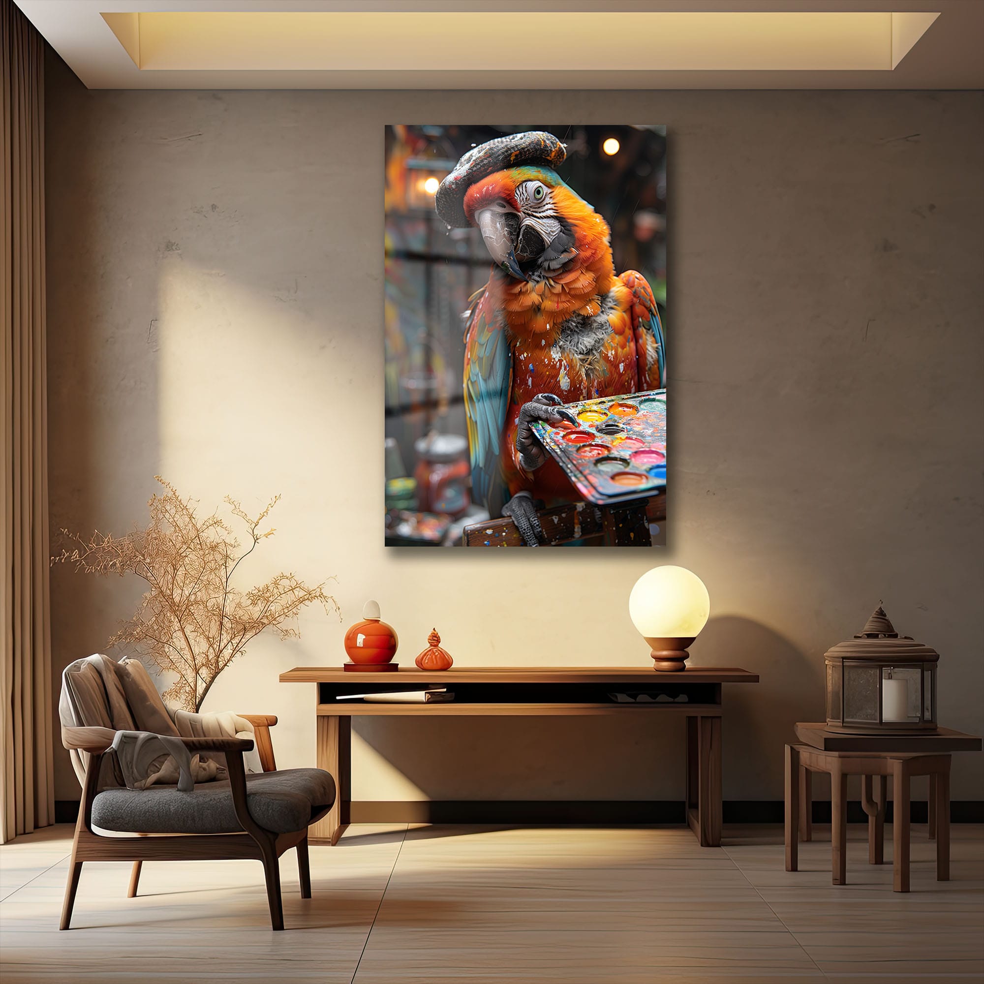 Ressam Papağan: Canlı Renkler ve Sanatçı Ruhu Temalı Modern Cam Tablo Duvar Dekoru Ressam Papağan: Canlı Renkler ve Sanatçı Ruhu Temalı Modern Cam Tablo - Görsel 2